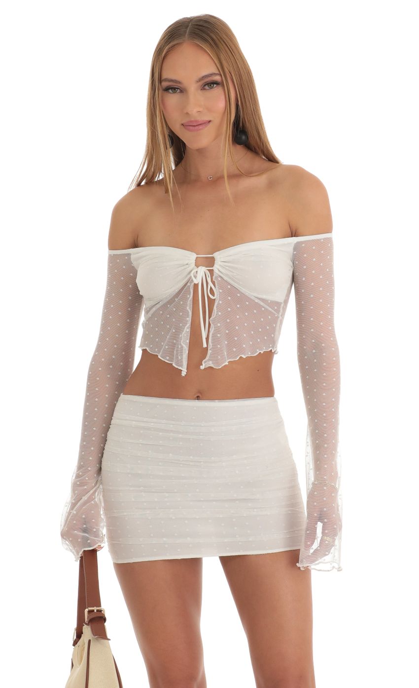 Dotted Mesh Two Piece Skirt Set in White