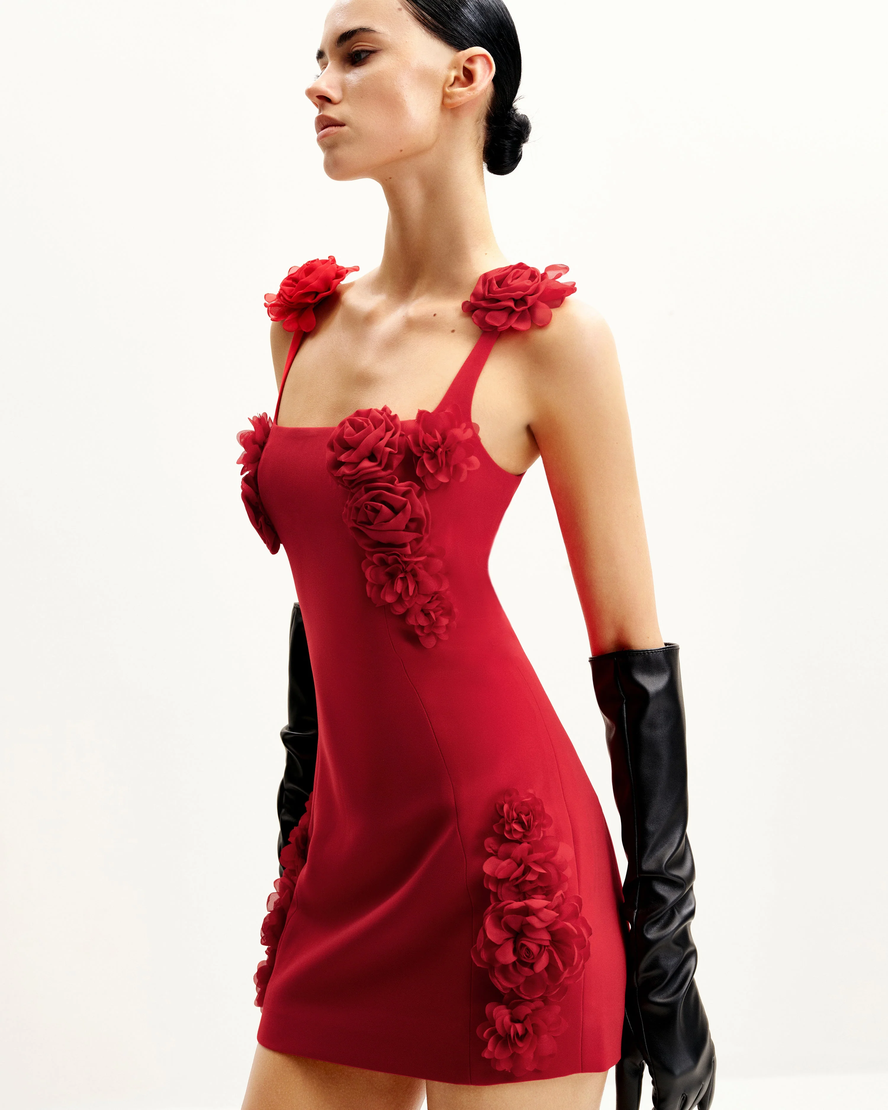 Elaina Rosette Applique Mini Dress - Red - FASHION NOB