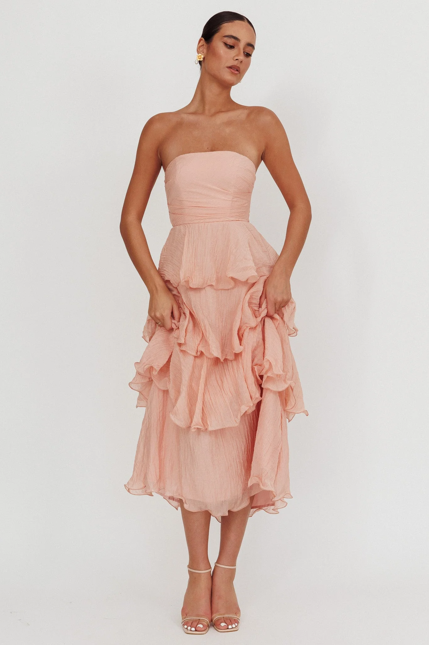 Giavana Strapless Layered Midi Dress Peach