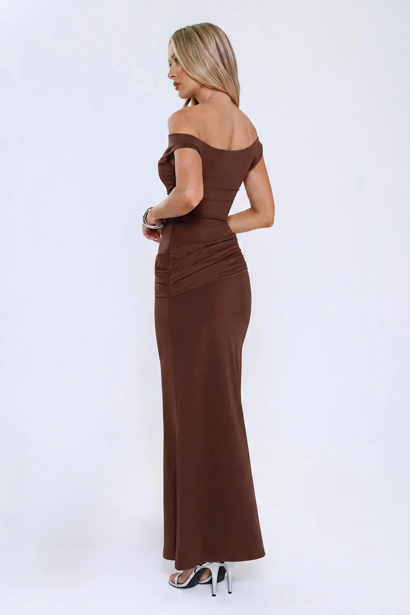 Caught In The Spotlight Off Shoulder Maxi Dress Chocolate