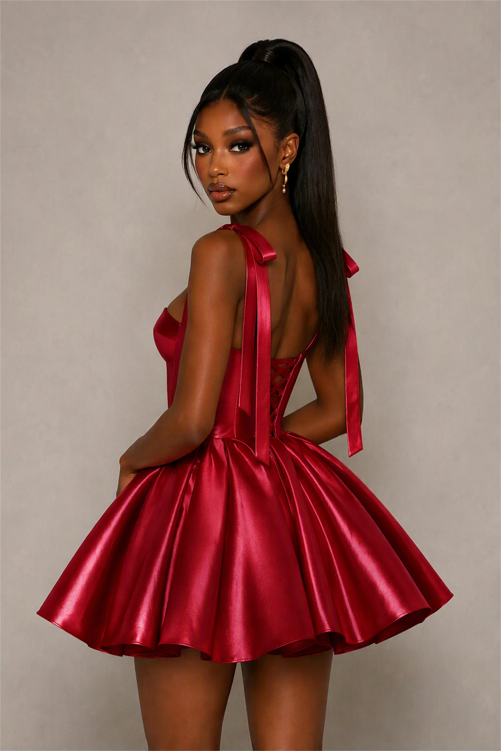 BOLODOO Burgundy Satin Sweetheart Corset Bow Strap Lace-Up Open Back Full Skirt Mini Dress | Prom Cocktail Party Dress