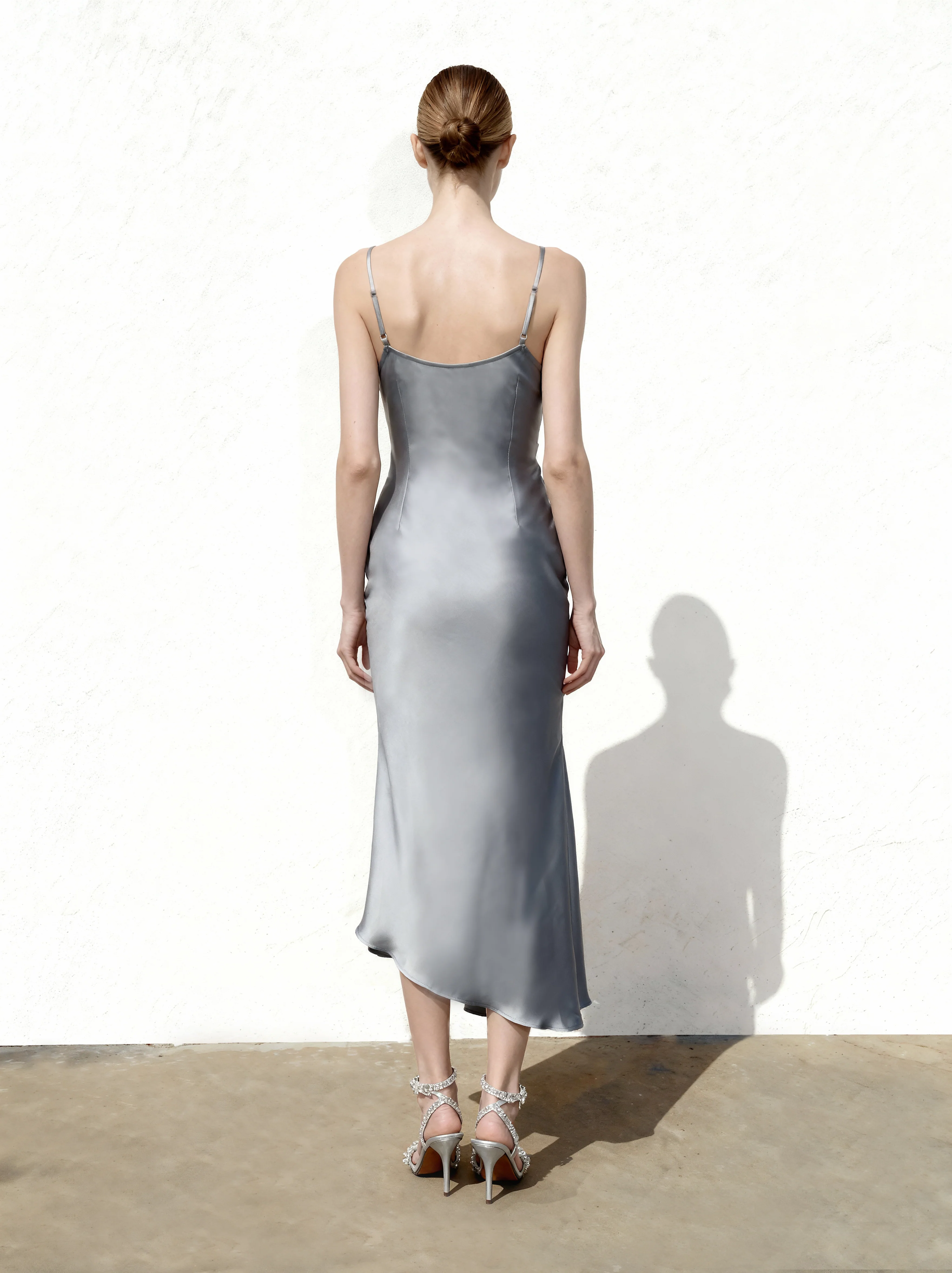 Liquid Satin Cowl-Slit Gown - Silver - FASHION NOB