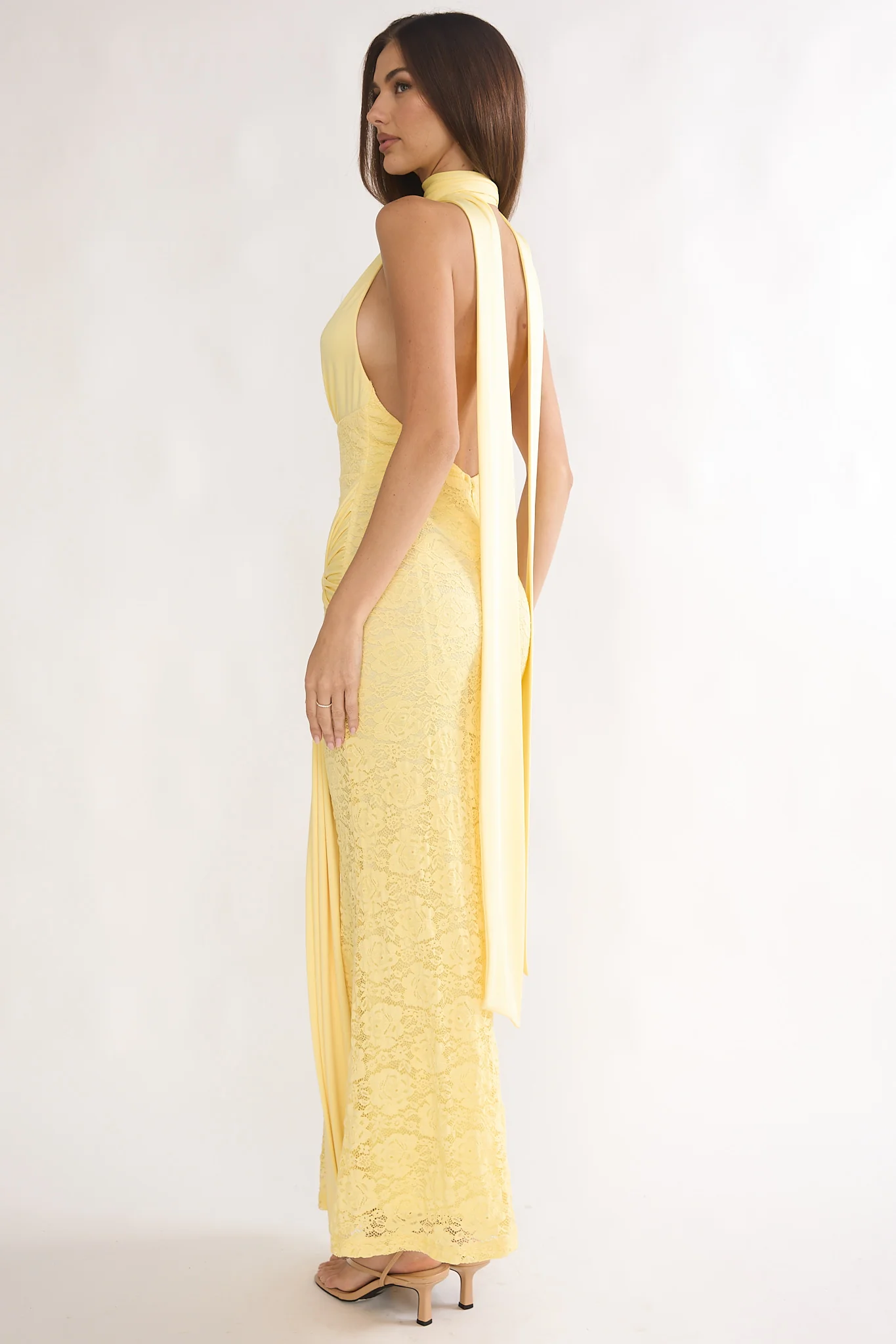 Adair Halterneck Waist Sash Maxi Dress Lace Butter