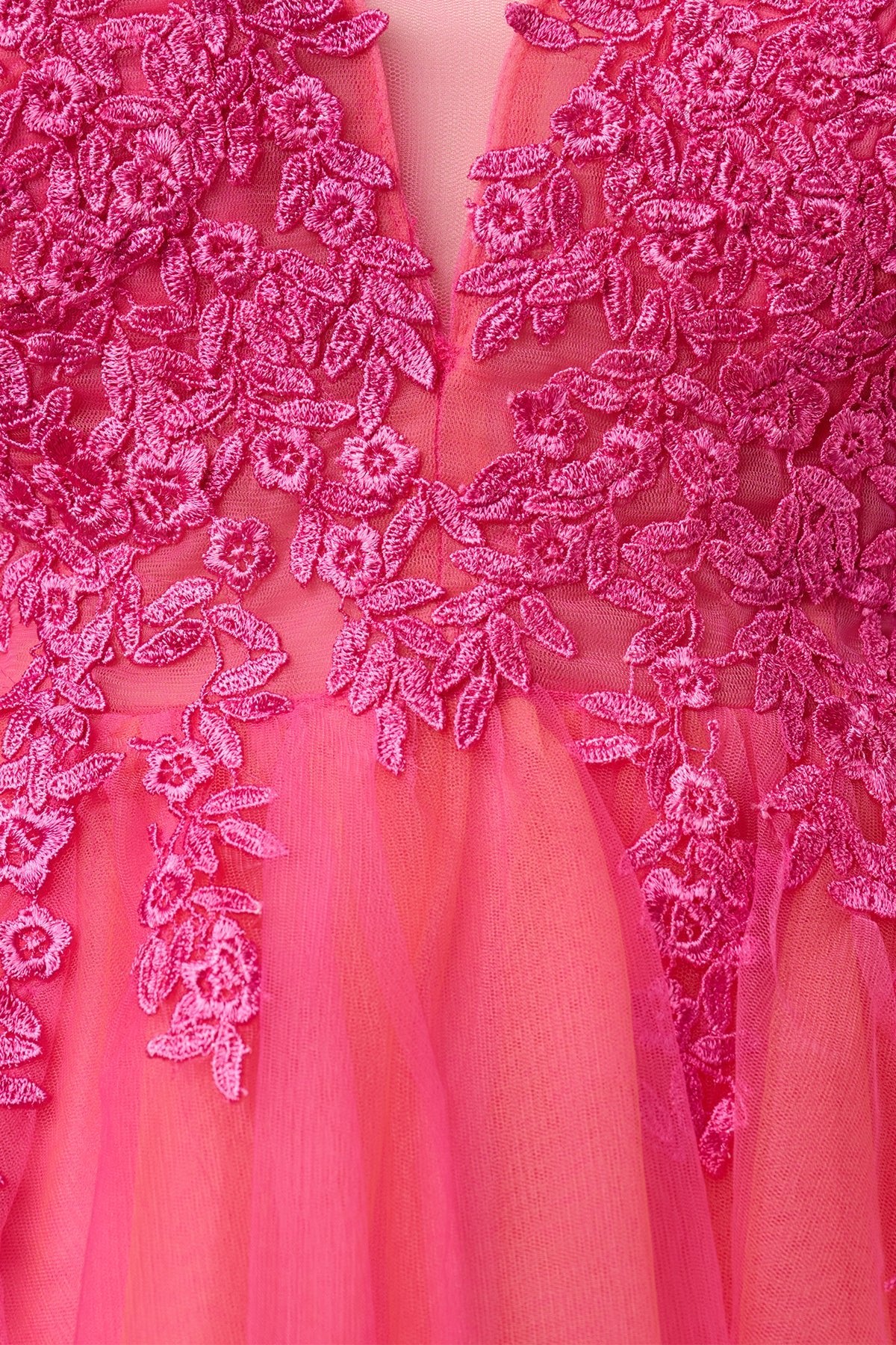 Hot Pink V Neck Straps Appliques Tulle Homecoming Dress