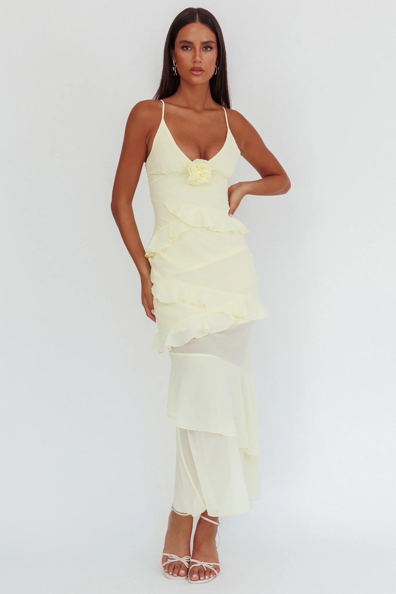 Marlie Frill Trim Rosette Maxi Dress Butter