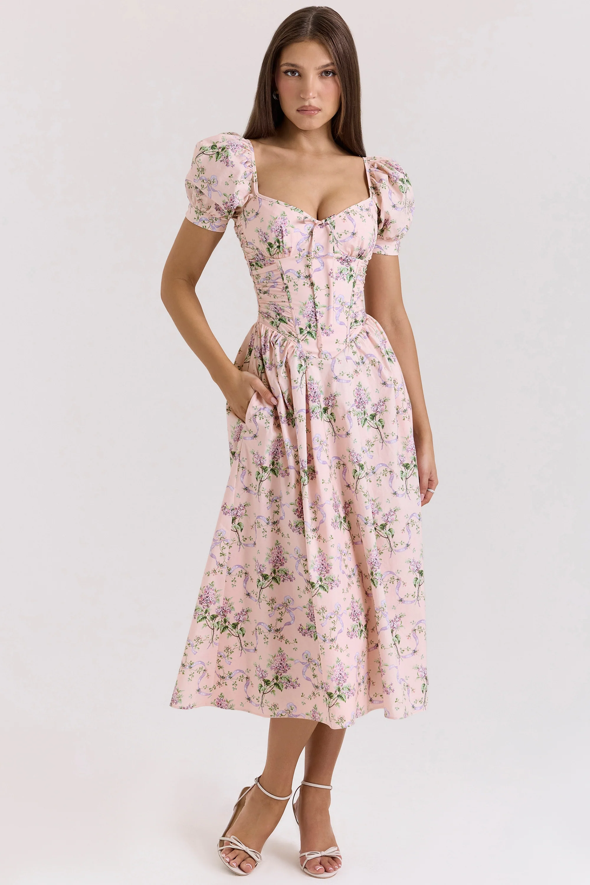 Pink Ribbon Print Cotton Midi Dress