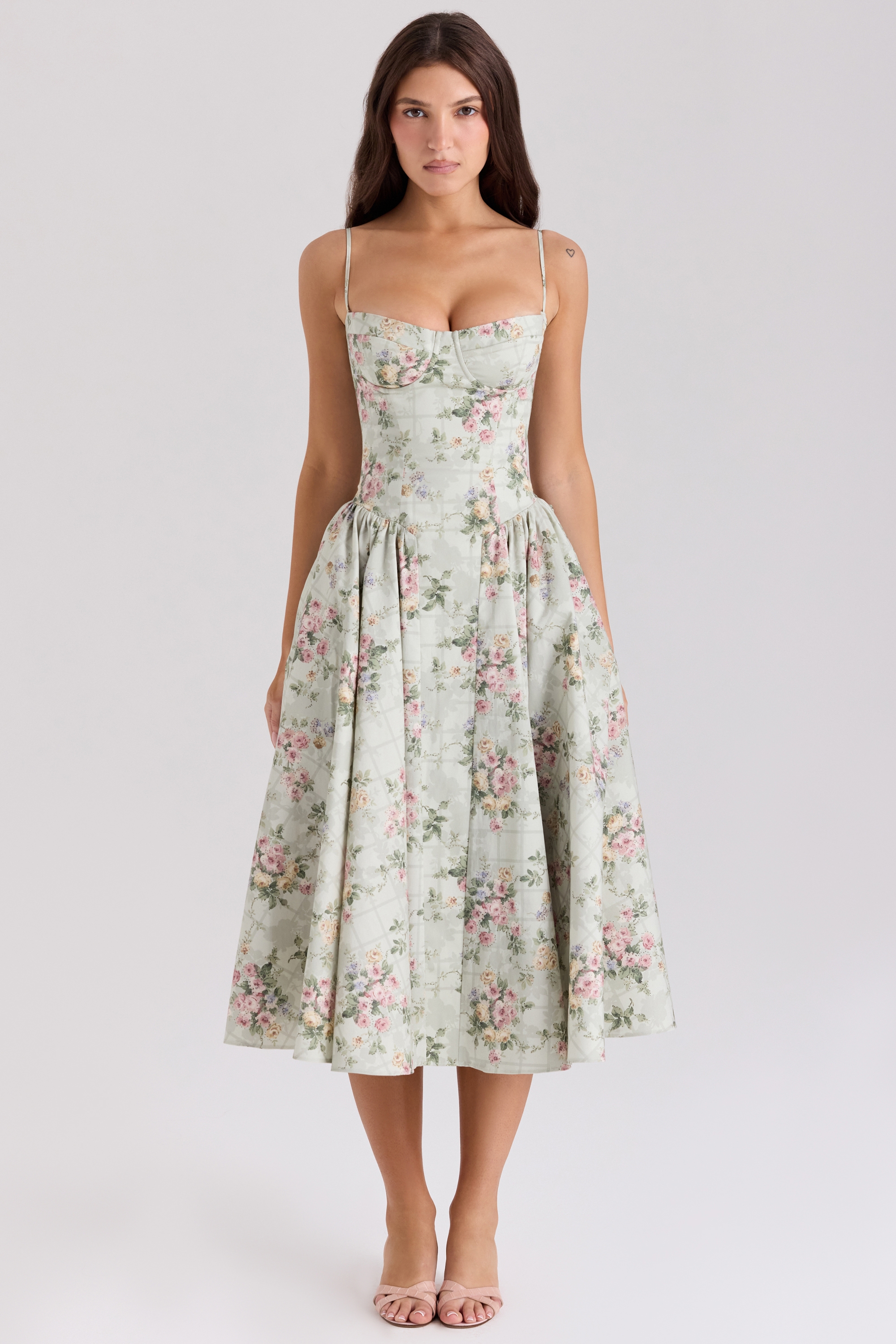 Sage Floral Print Cotton Midi Dress