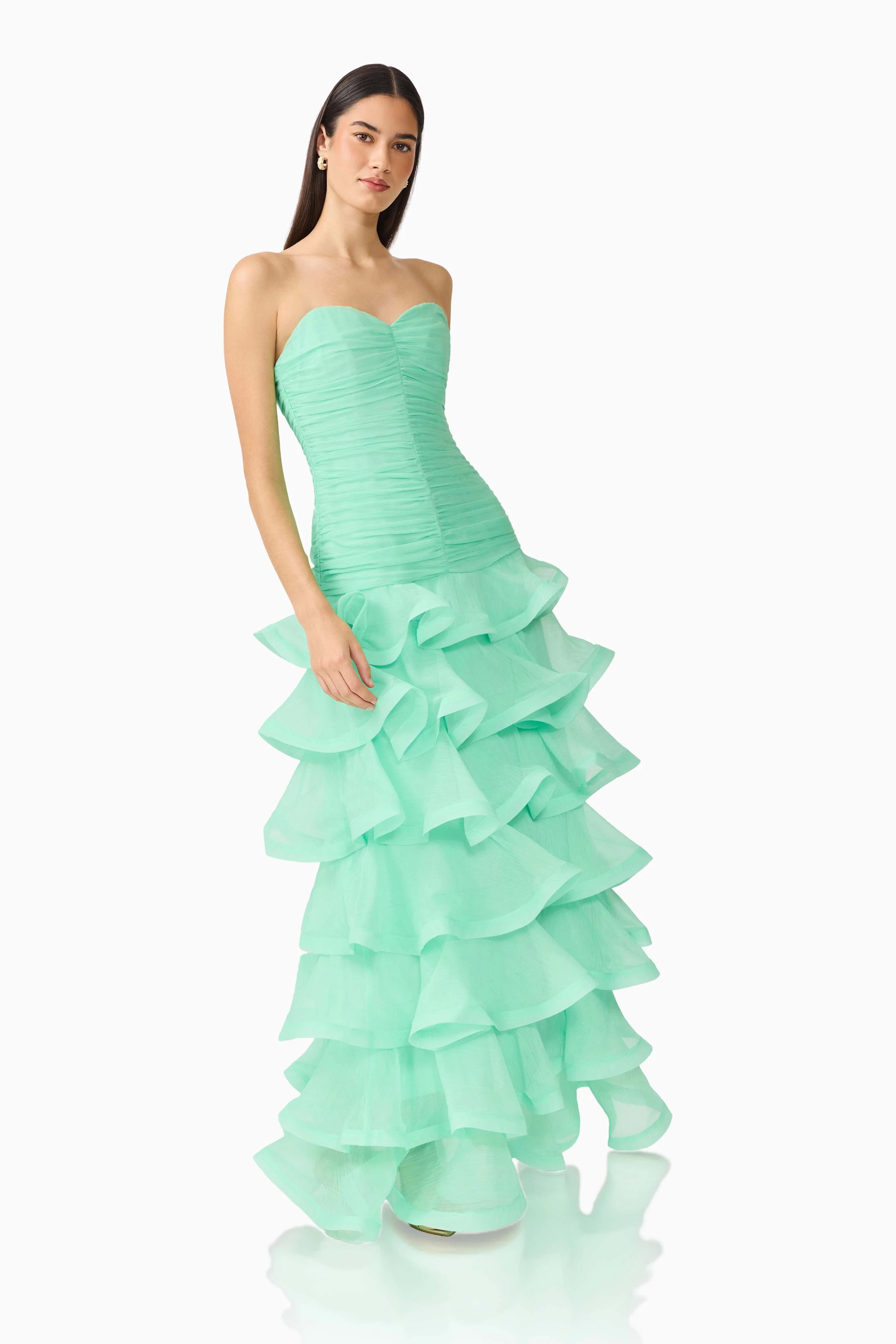 Evelin Tiered Gown in Mint Green