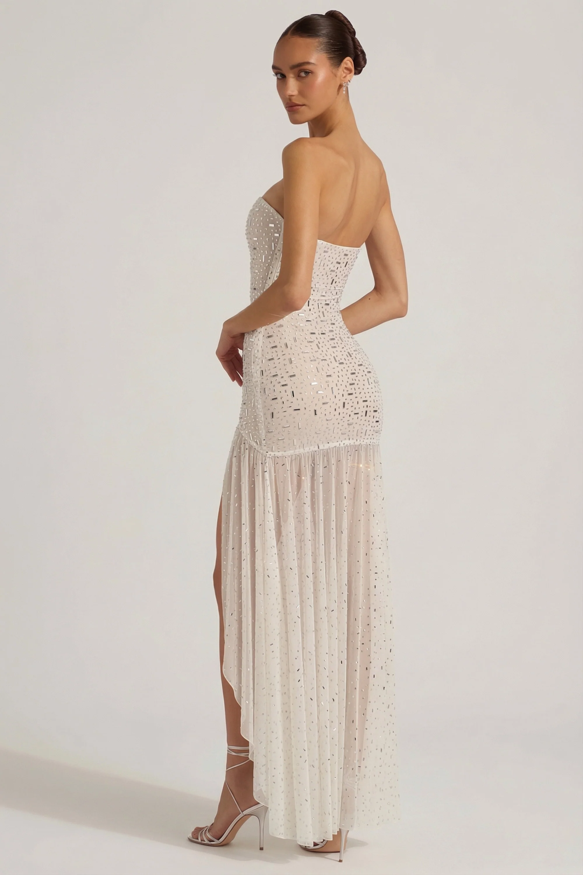 Semi-Sheer Embellished Asymmetric Maxi Dress in White