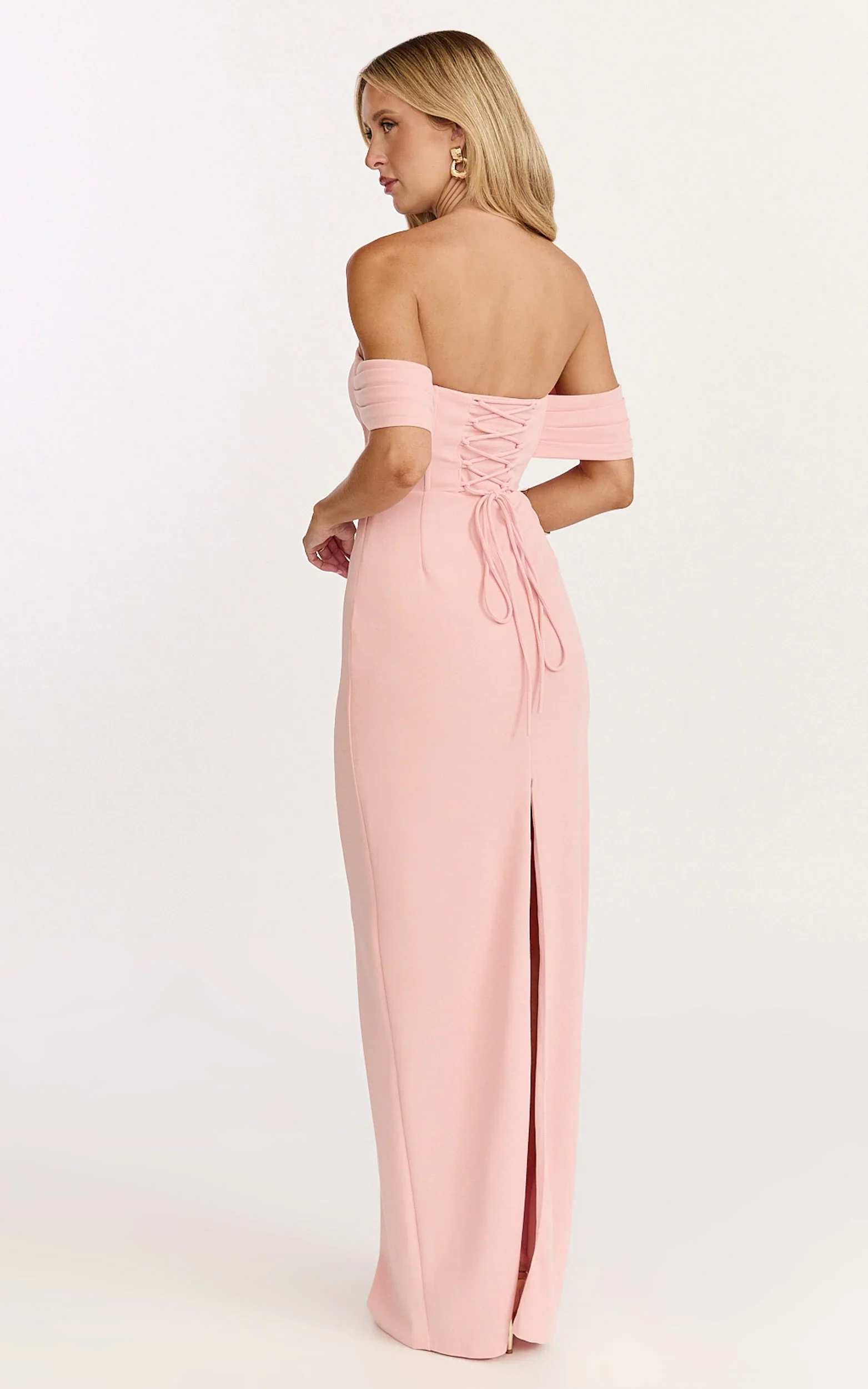 Karina Maxi Dress - Off Shoulder Corset Bodice Lace Up Back Dress in Pink