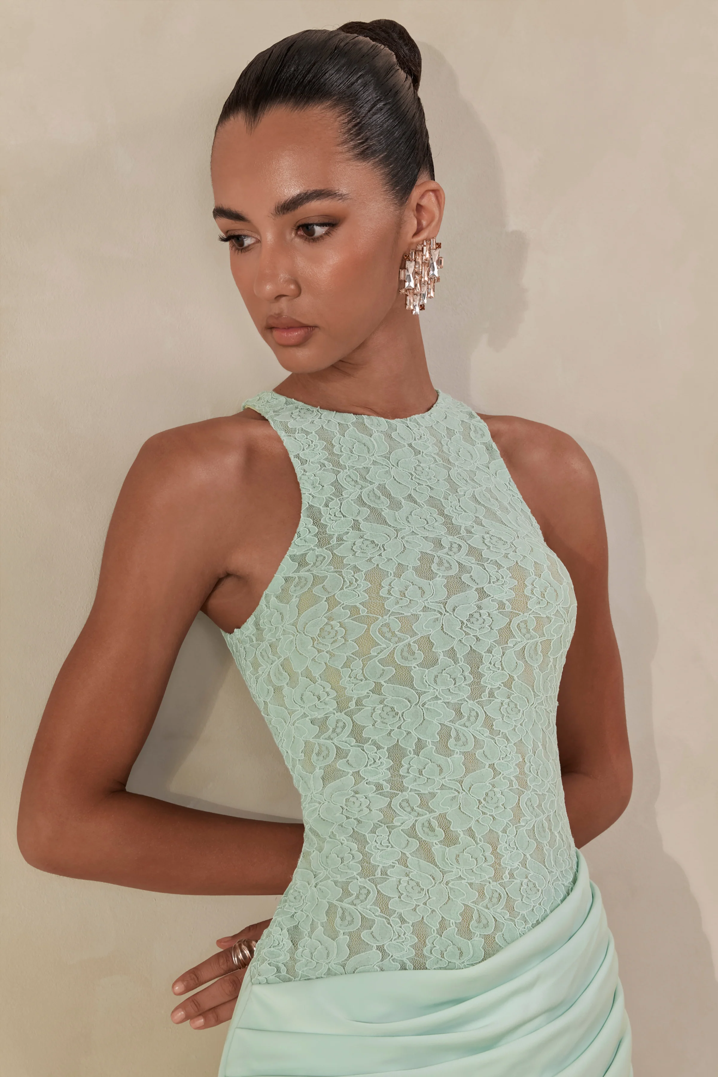 Anthelia | Mint Lace And Satin Racer-Neck Maxi Dress With Draped-Detail