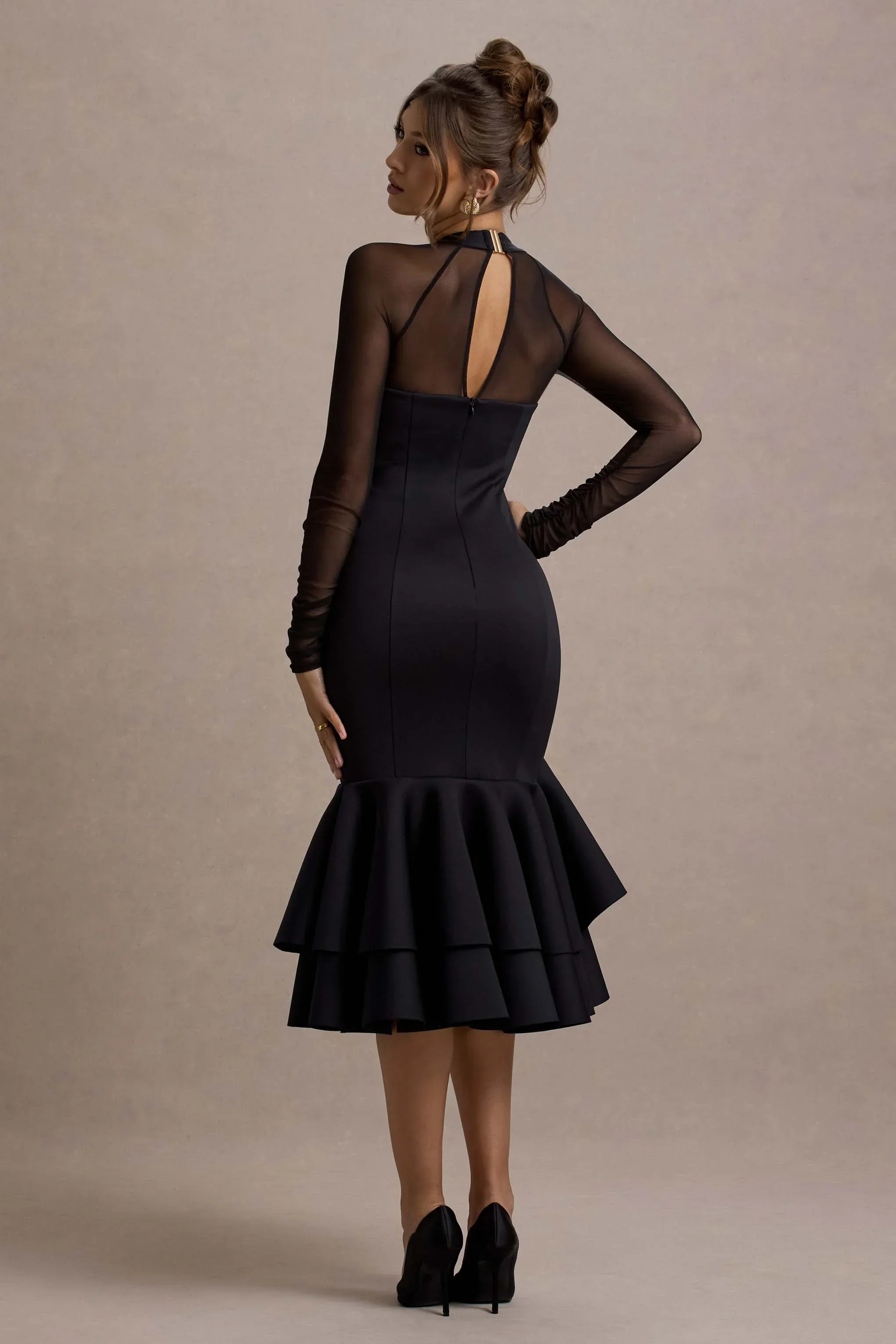 Sander | Black Mesh Long-Sleeve Ruffle-Hem Midi Dress