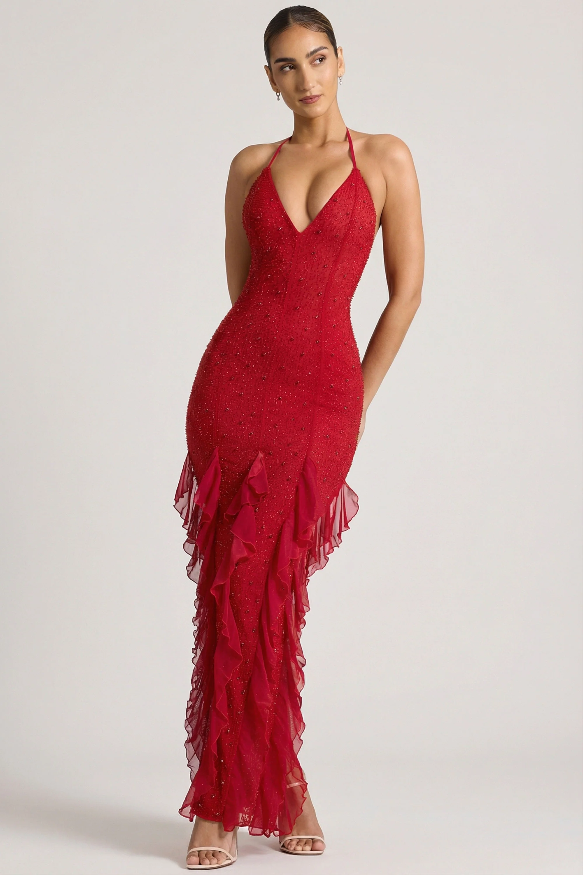 Embellished Halter Neck Ruffle Maxi Dress in Red