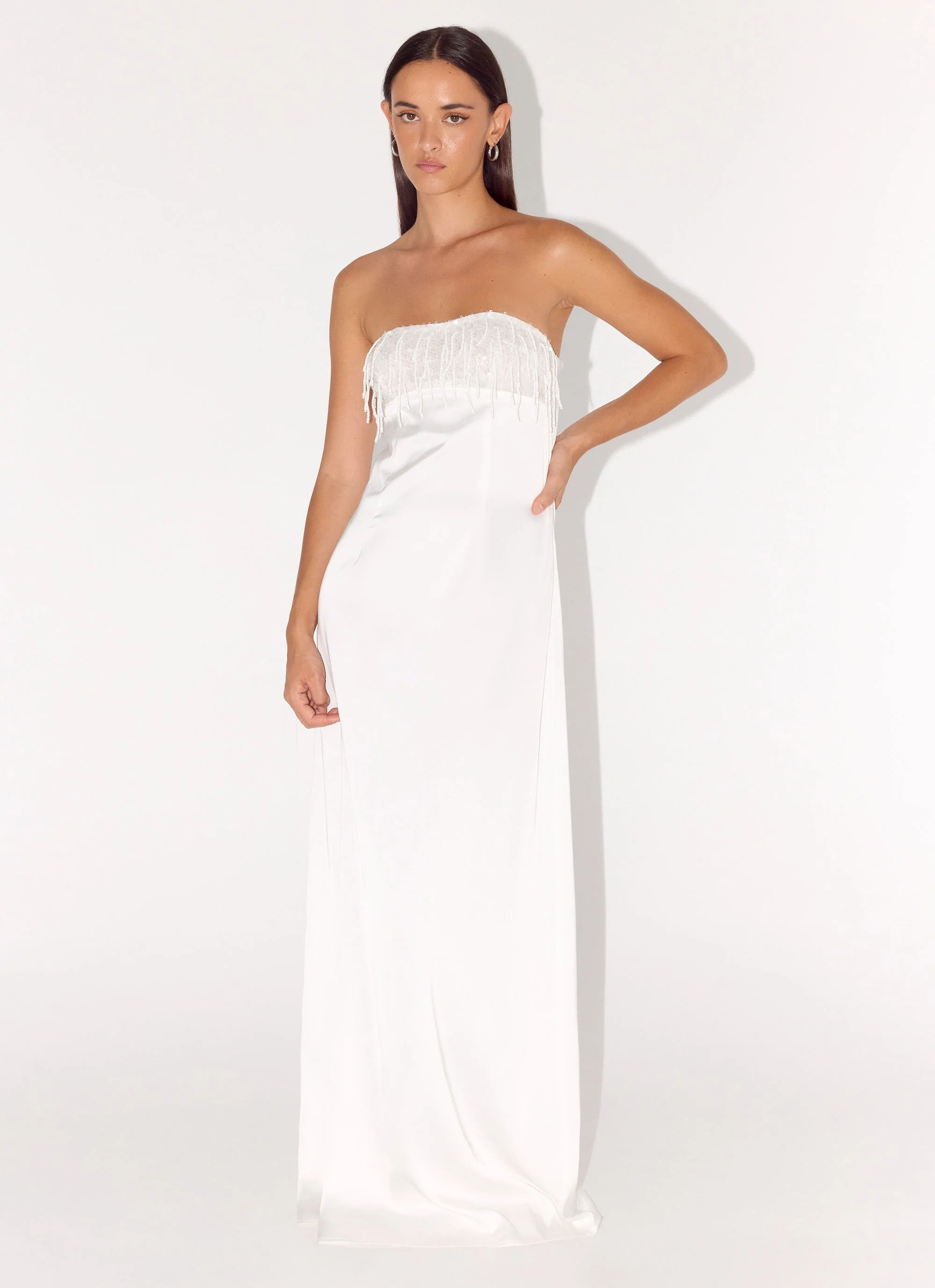 Miftie Beaded Sequin Maxi Dress - White - luluinthesky