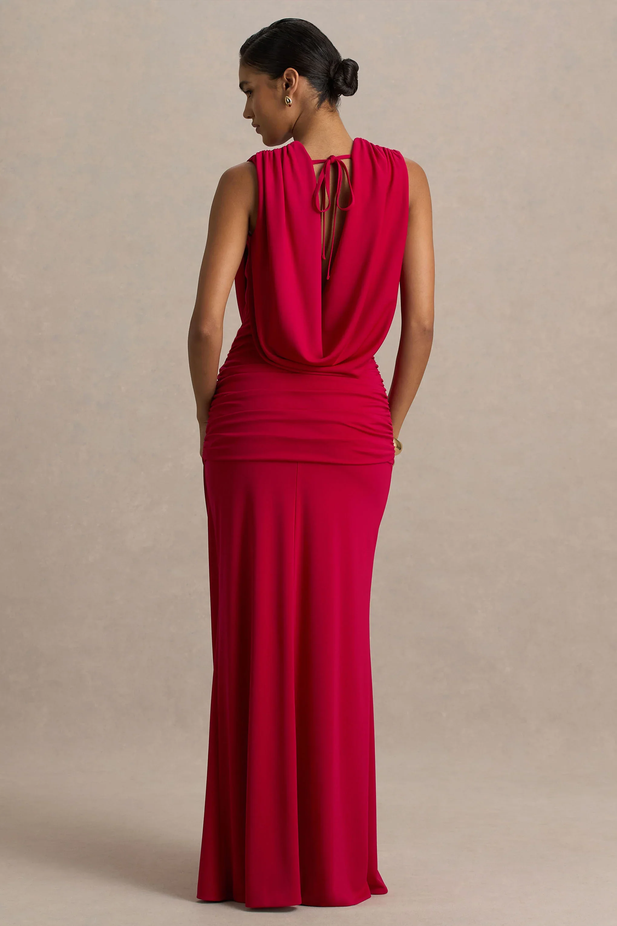 Serafina | Red Extreme-Plunge Maxi Dress With Ruched Detailing And Open-Back