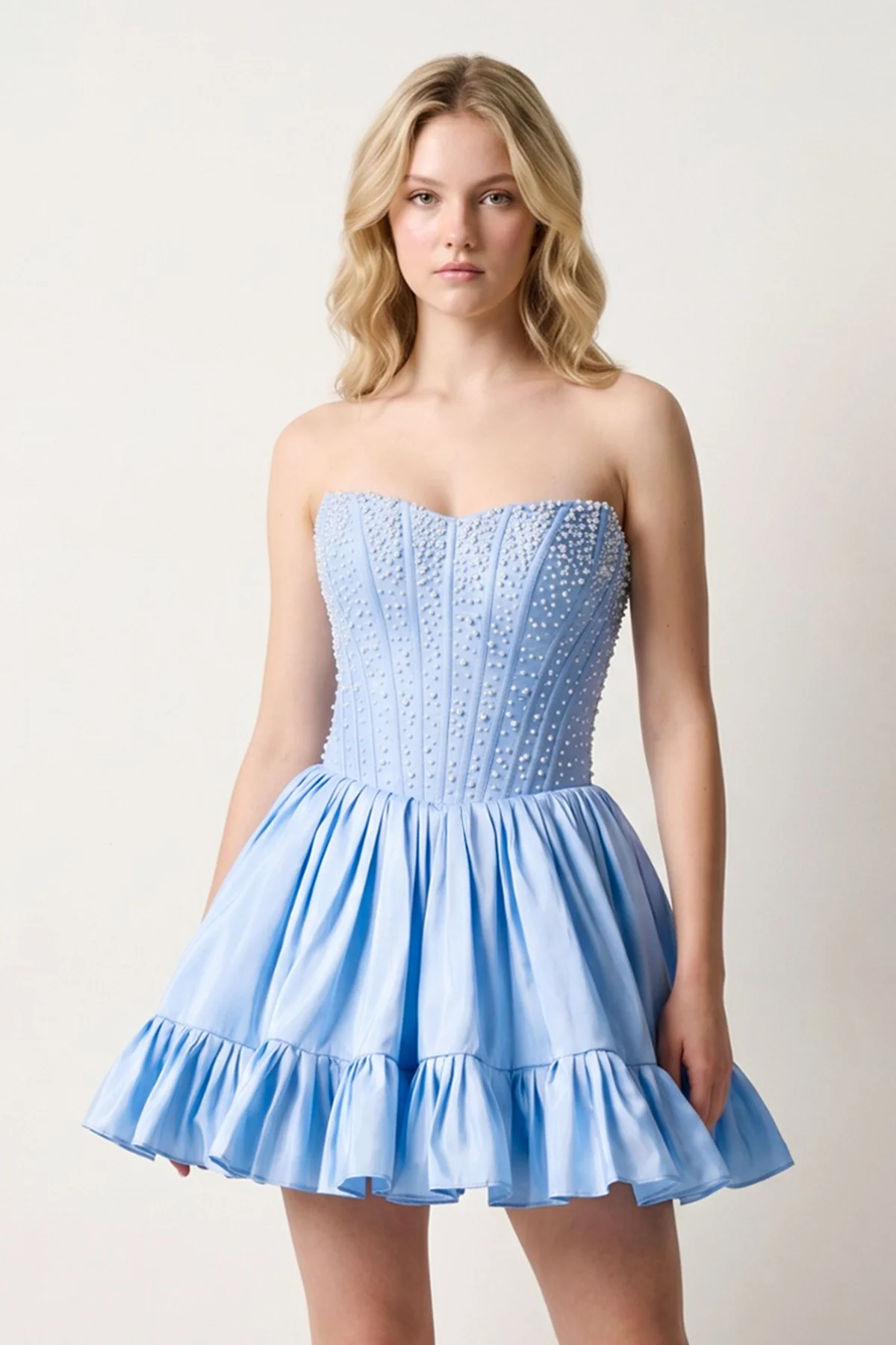 Sky Blue Strapless A Line Satin Ruffles Homecoming Dresses With Pearls