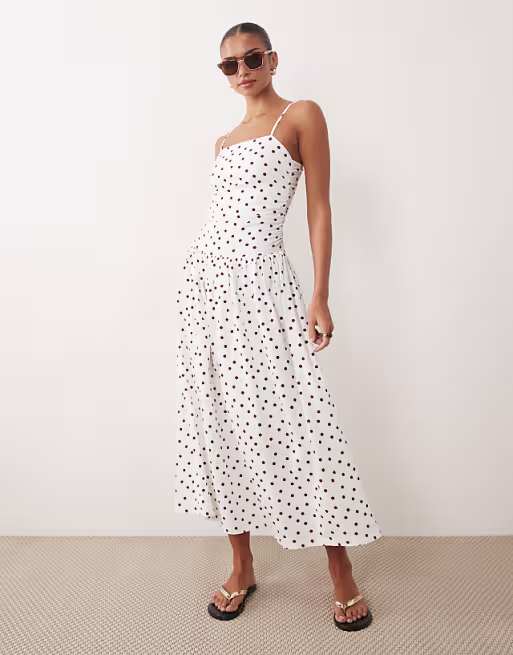 cami with full skirt midi dress polka dot print