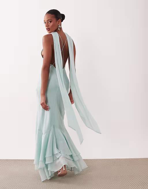 halter maxi dress with scarf detail and ruffle hem in blue