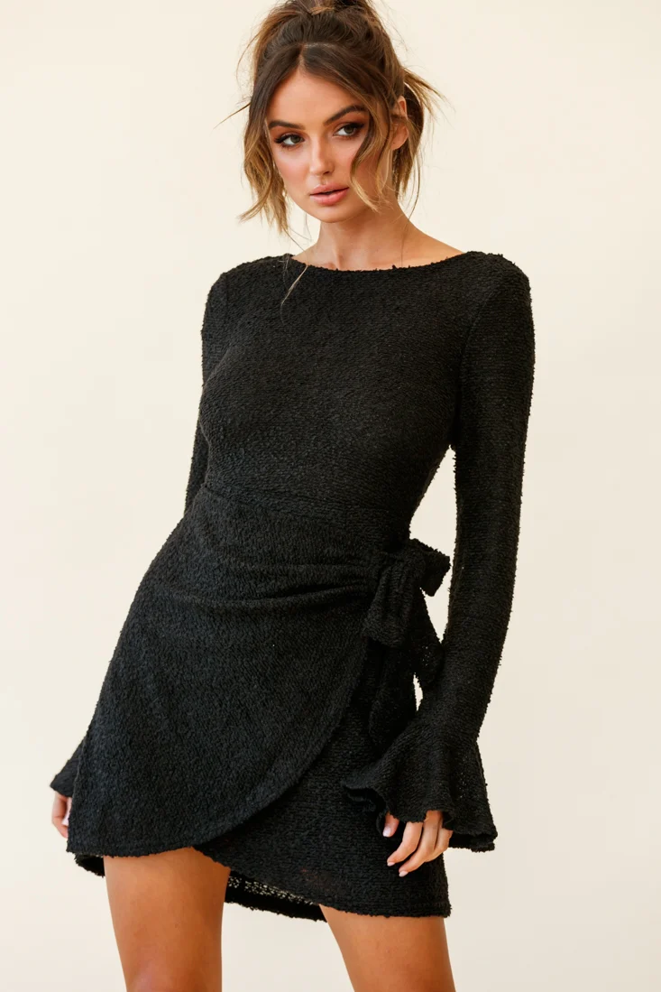 Minerva Flared Cuff Knit Wrap Dress Black