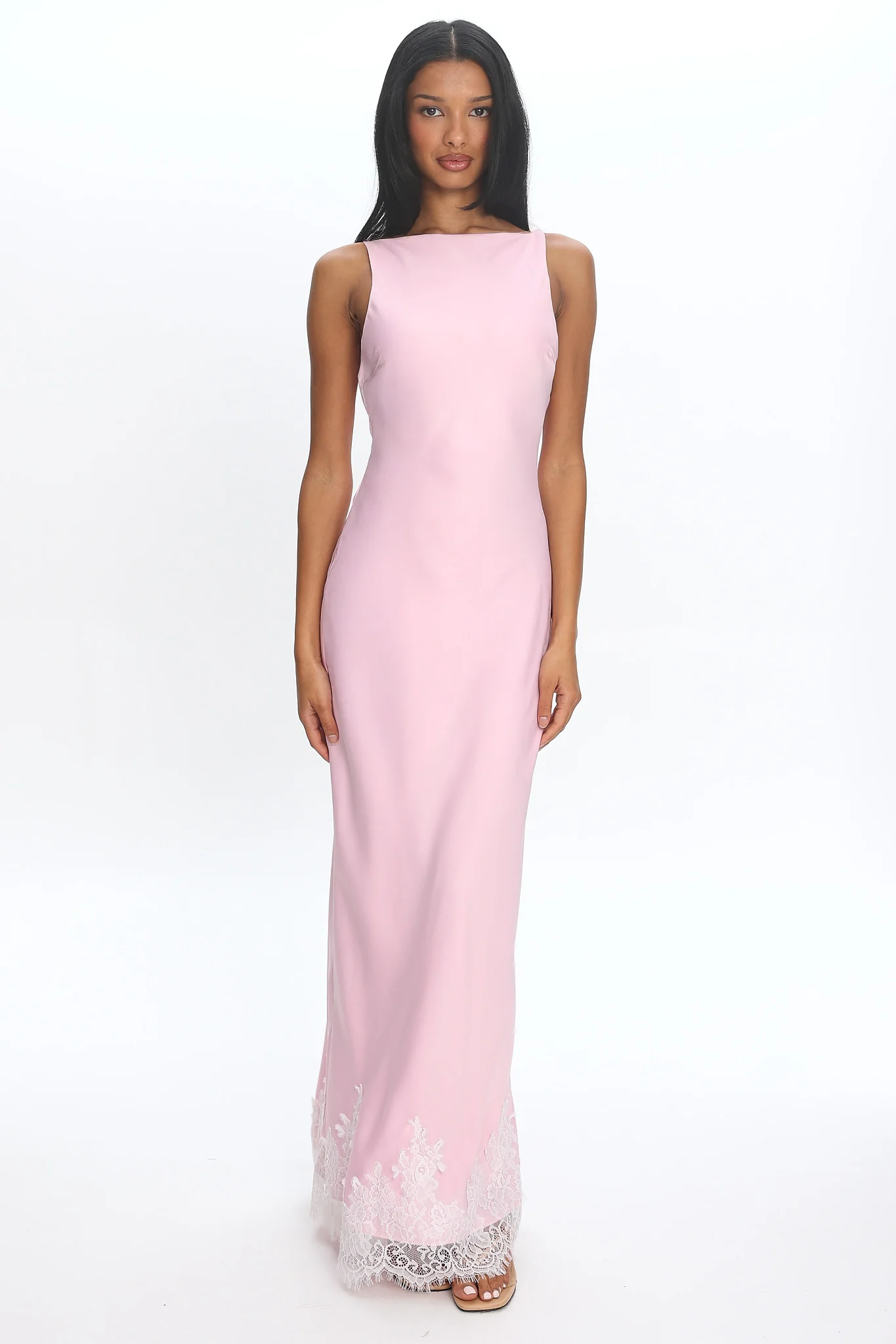 Bedouin Cowl-Back Lace-Hem Gown Light Pink