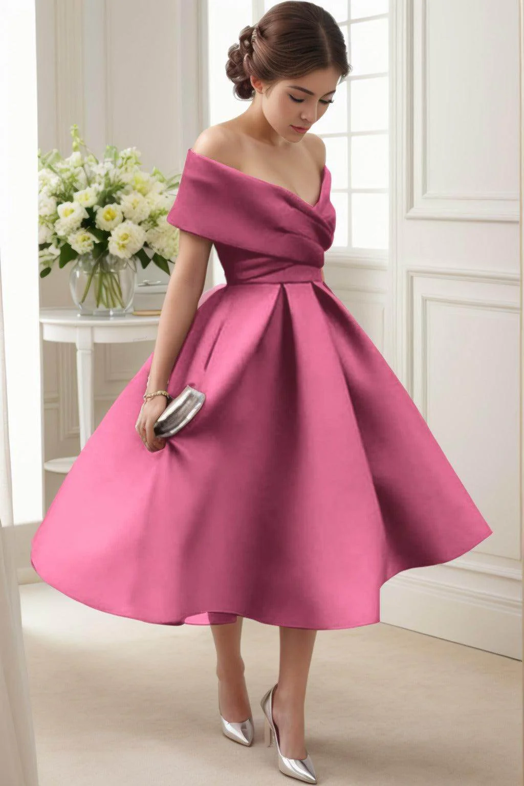 A-Line Tea Length Satin Graduation Dresses CS0556