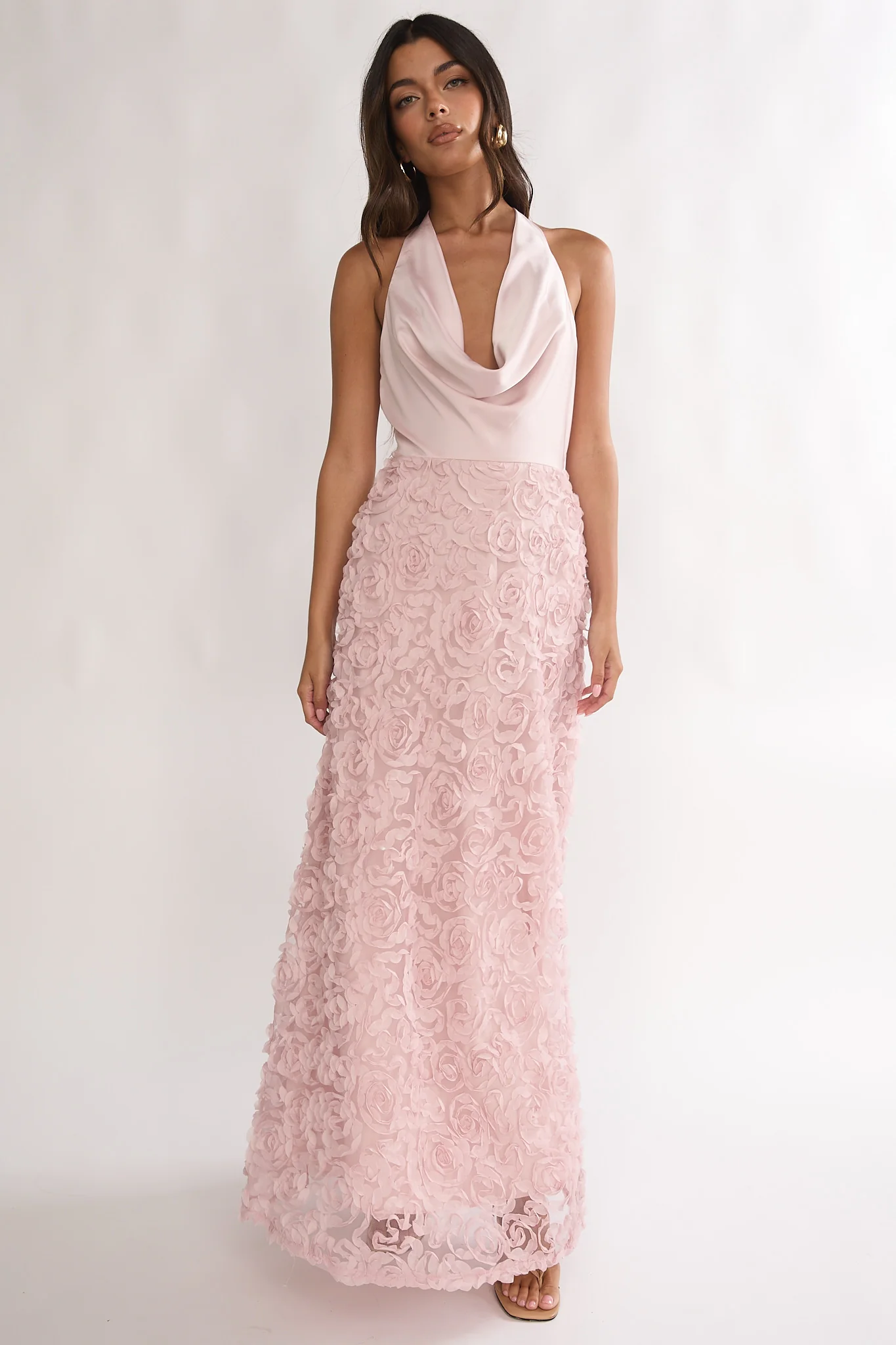Lucerne Cowl Halter Maxi Dress Embellished Pink