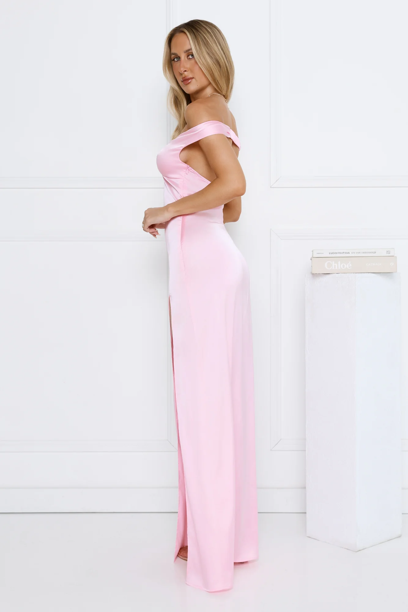 Spark Babe Off Shoulder Satin Maxi Dress Pink
