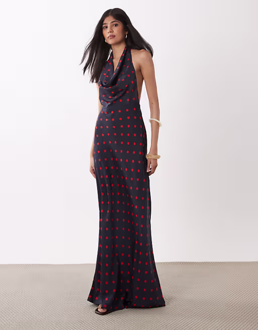 WeWoreWhat cowl halter neck maxi dress in polka-dot navy