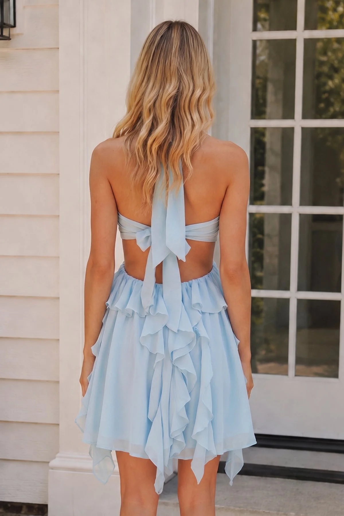 Pink Halter Ruffled A-Line Cut-Out Chiffon Homecoming Dress with 3D Flower