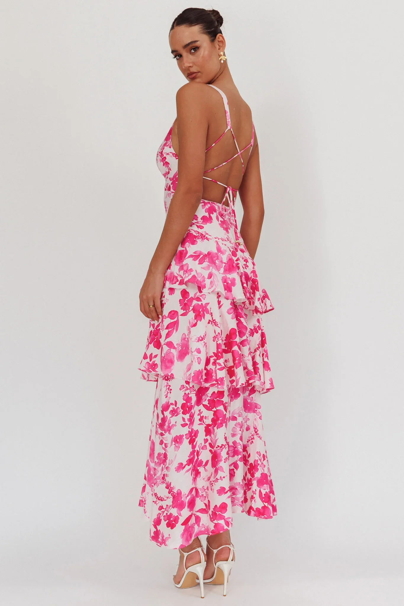 Veda Strappy Back Ruffle Maxi Dress Floral Fuchsia