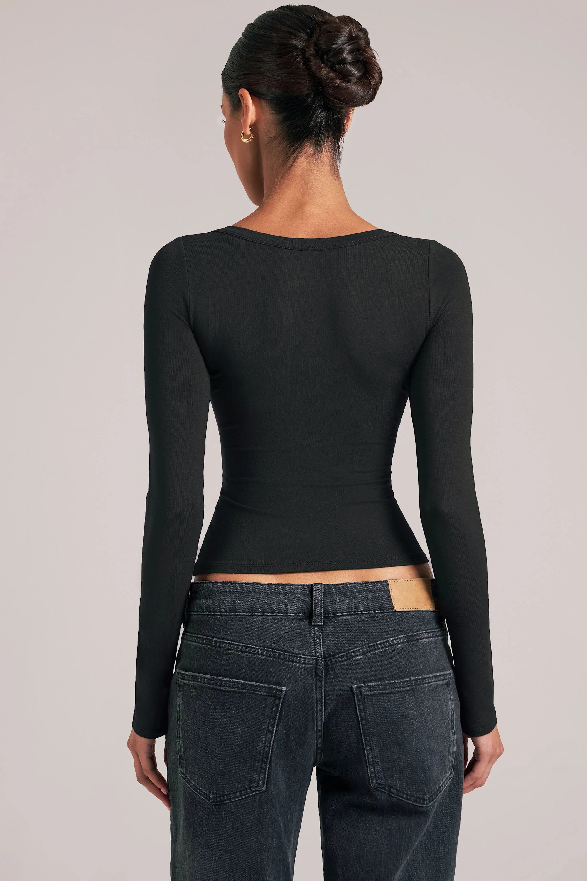 V-Neck Long-Sleeve Top  in Black