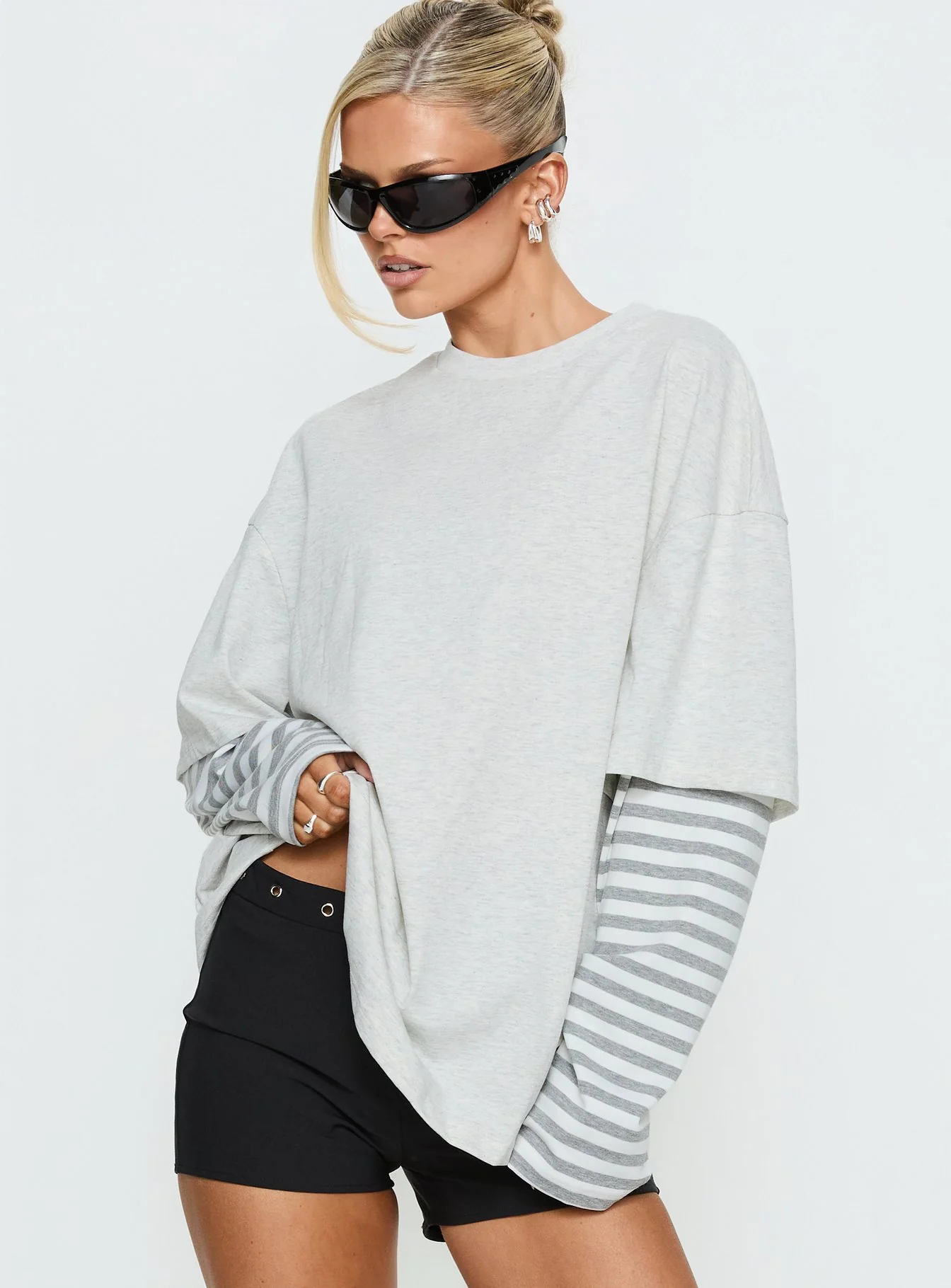 Ryann Long Sleeve Layered Top Grey / White Stripe
