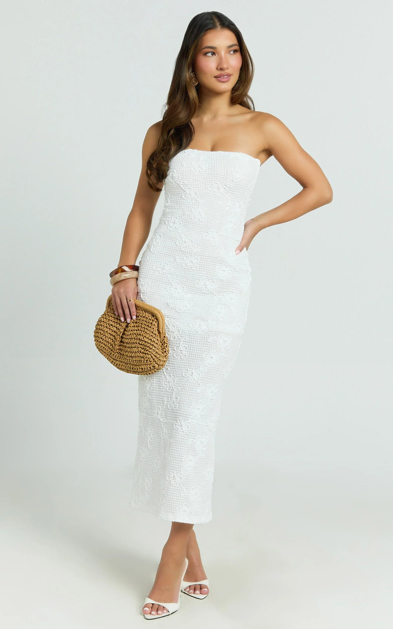 Jamil Midi Dress - Strapless Fitted Jersey Dress in White