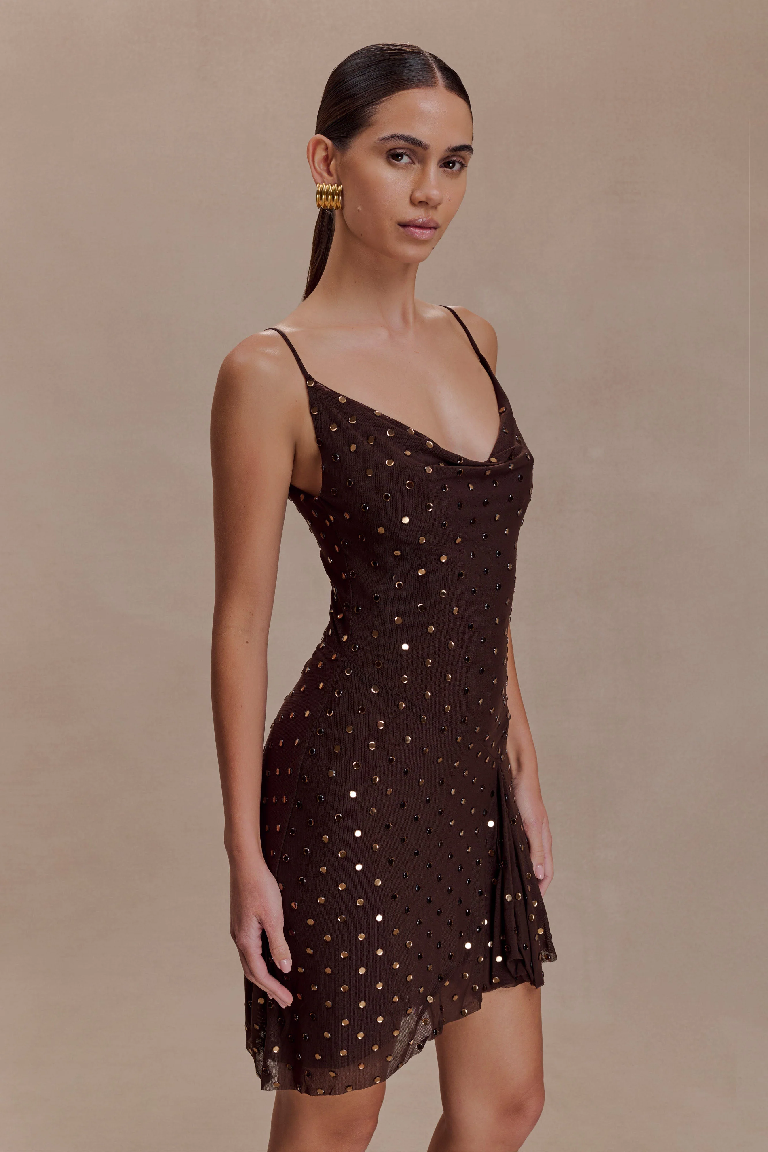 Zahra Diamante Cowl Mini Dress - Chocolate
