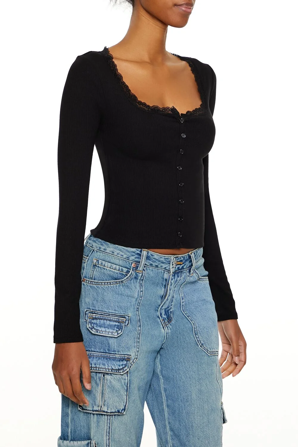 Ribbed Lace-Trim Top