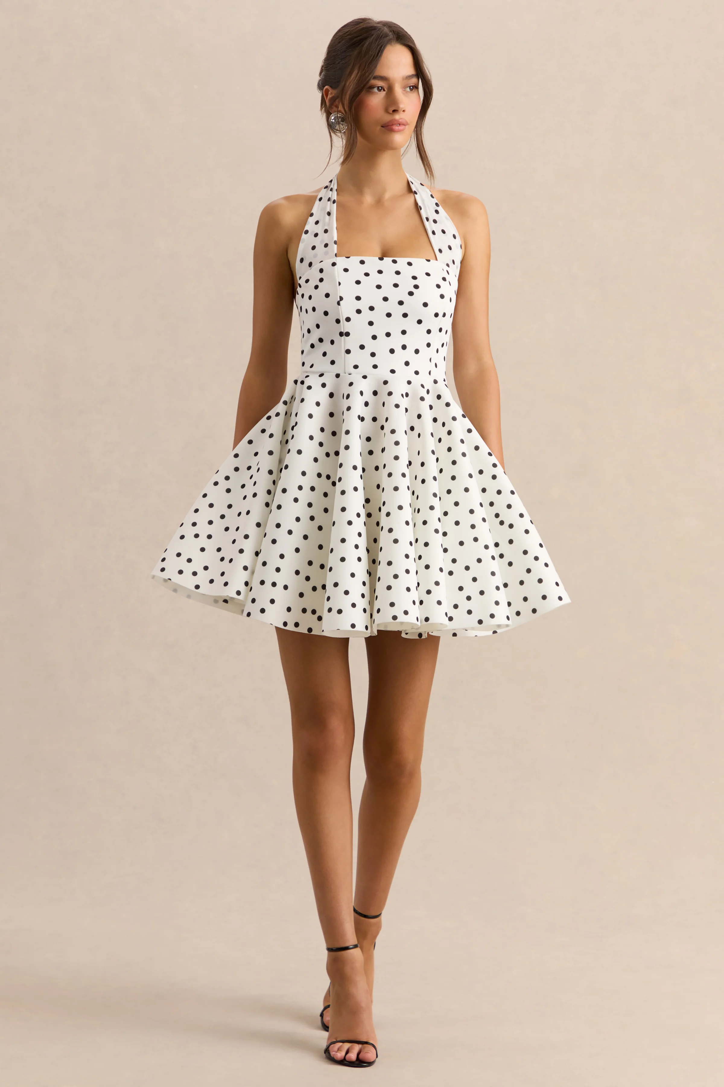 Peggy | White & Black Polka Dot Halter-Neck Skater Mini Dress