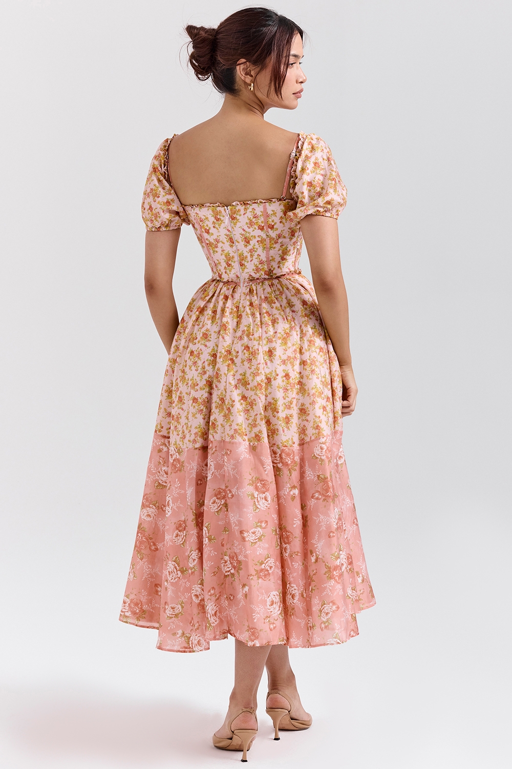 peach poppy print puff sleeve midi sundress