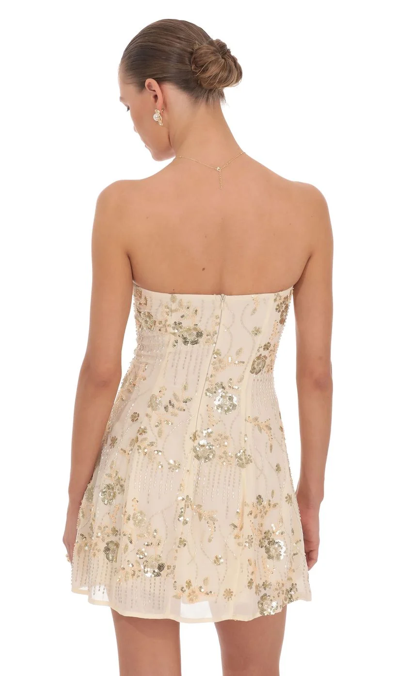 Embellished Strapless Mini Dress in Cream