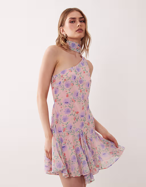 one shoulder mini dress with scarf in multi floral print