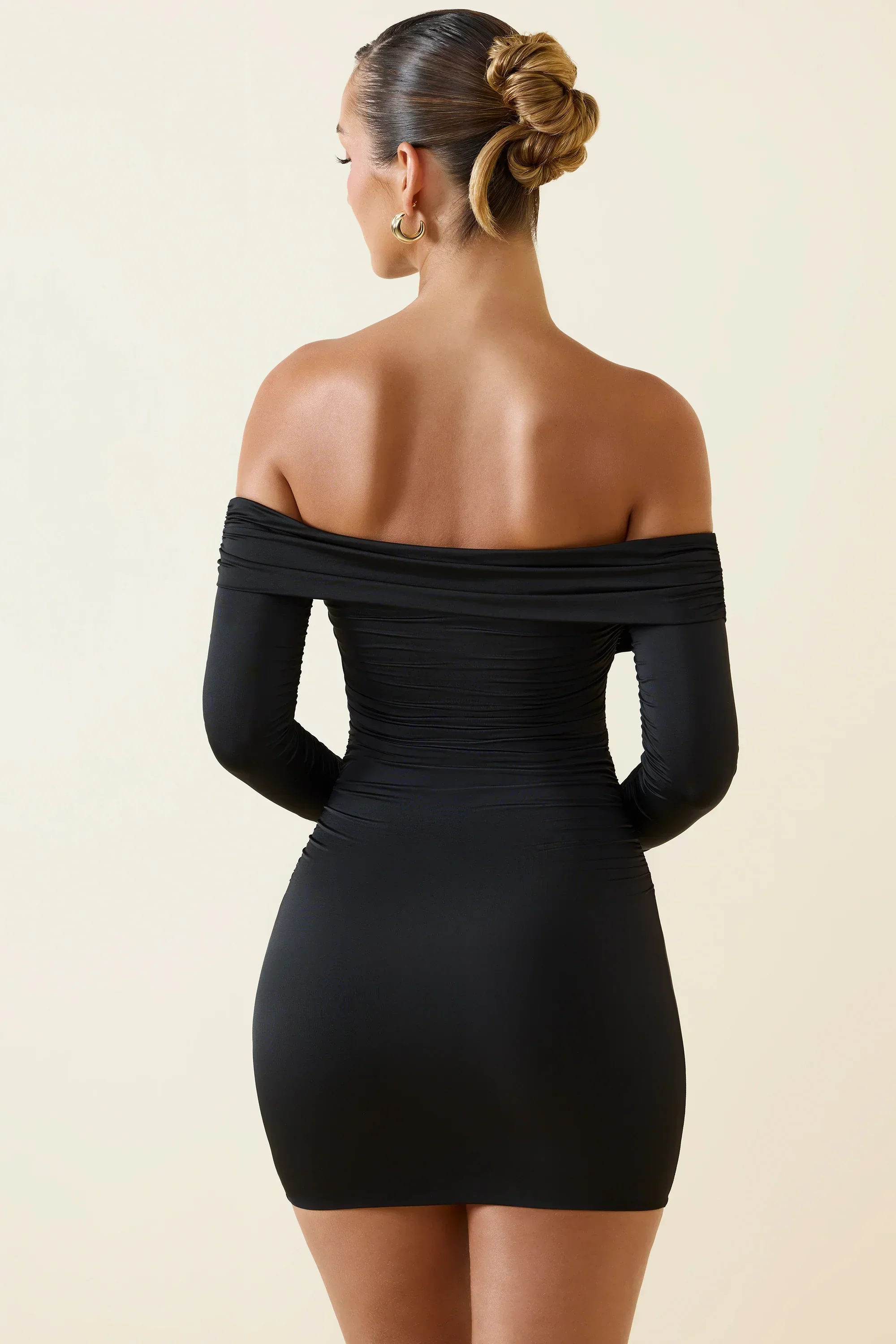 Off-Shoulder Ruched Bodycon Mini Dress in Black - luluinthesky
