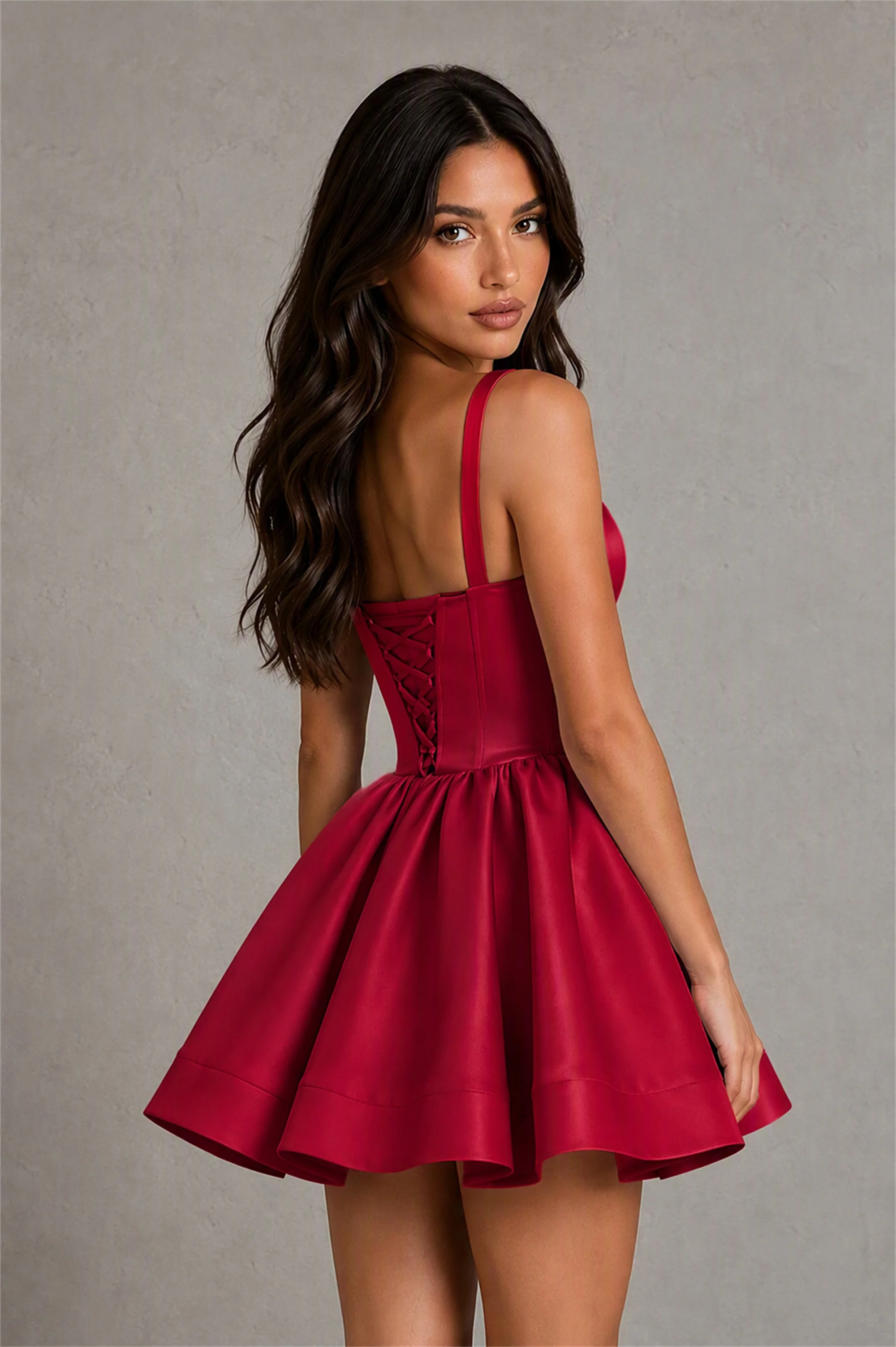 BOLODOO Baby Burgundy Satin Square Neck Bow Strap Lace-Up Back Bubble Mini Dress | Cocktail Party Date Night Dress