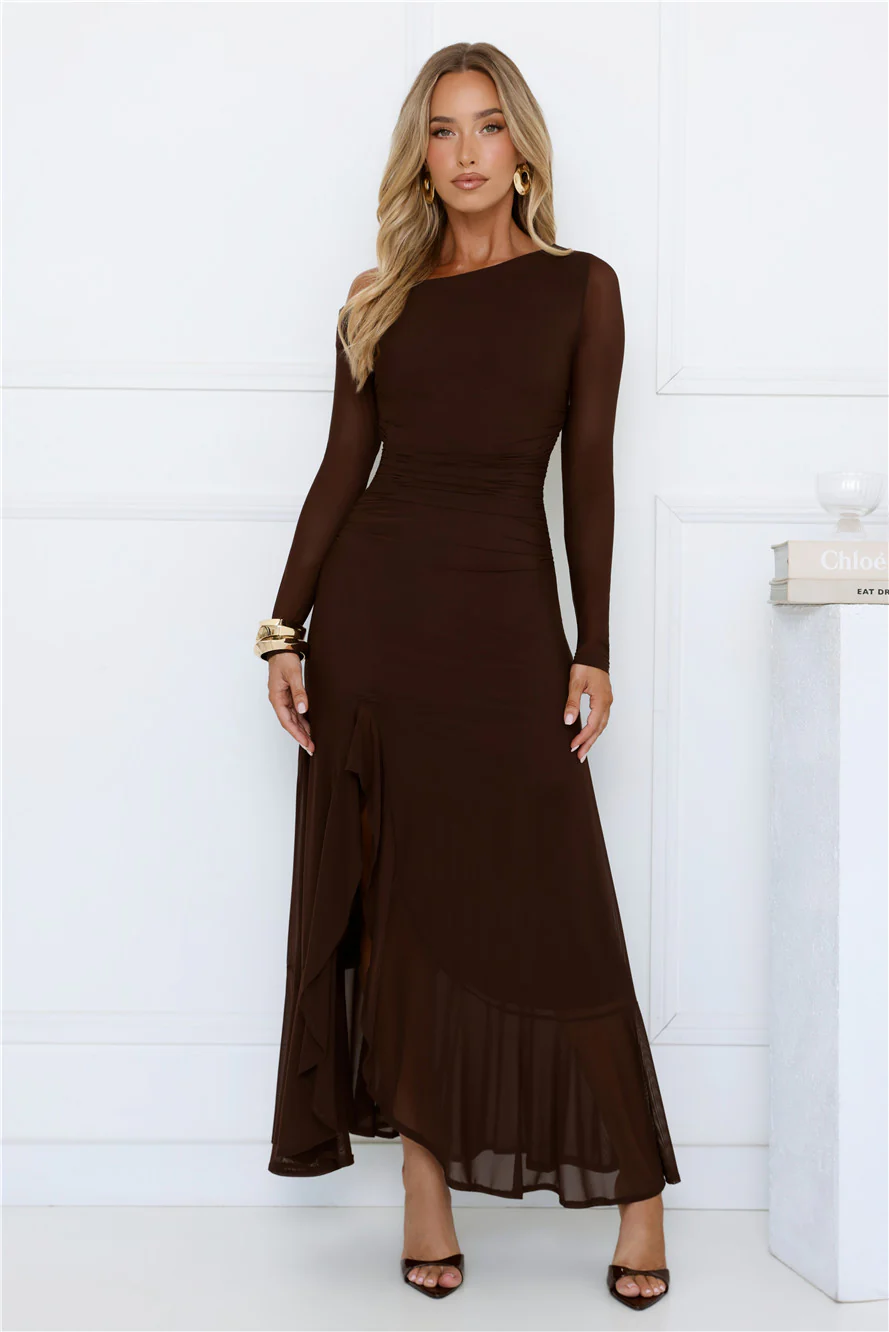 Chic Mesh One Shoulder Maxi Dress Brown