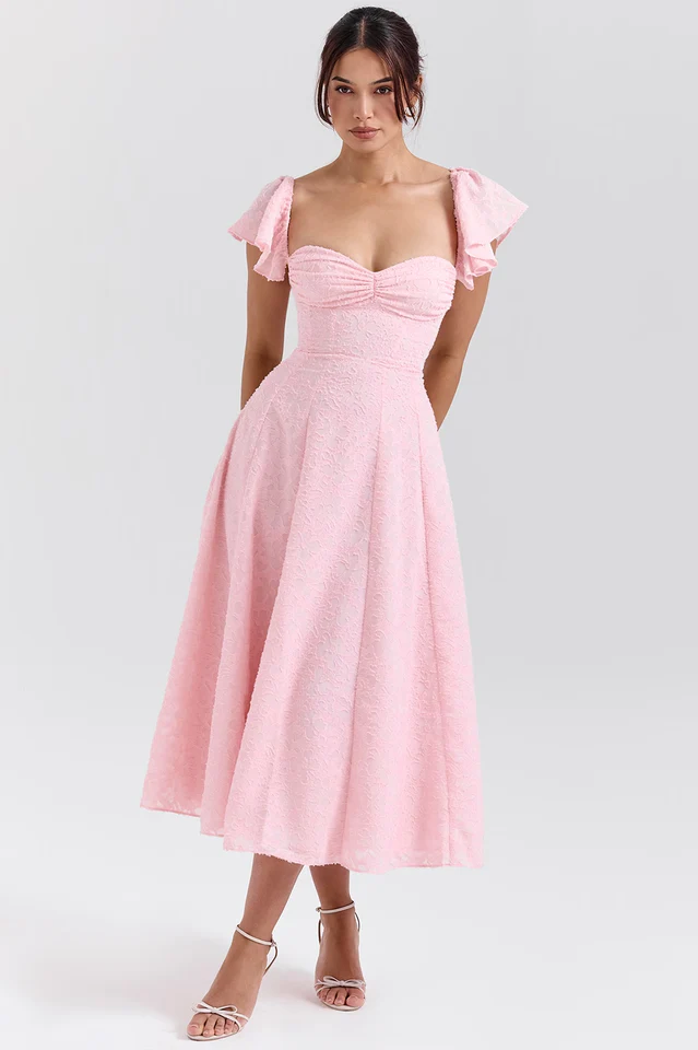 Emma Pink Floral Jacquard Midi Dress
