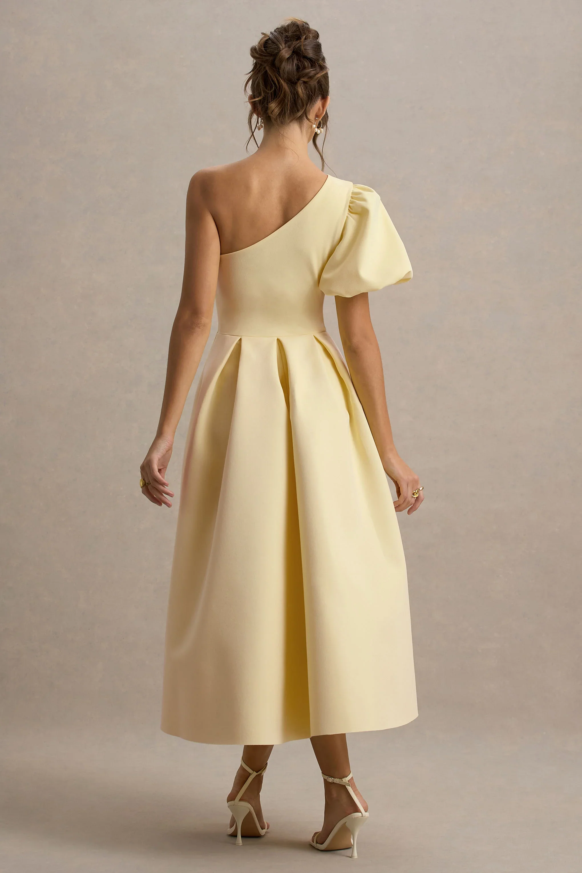 Rochelle | Pale Lemon Asymmetric Puff-Sleeve Midi Dress