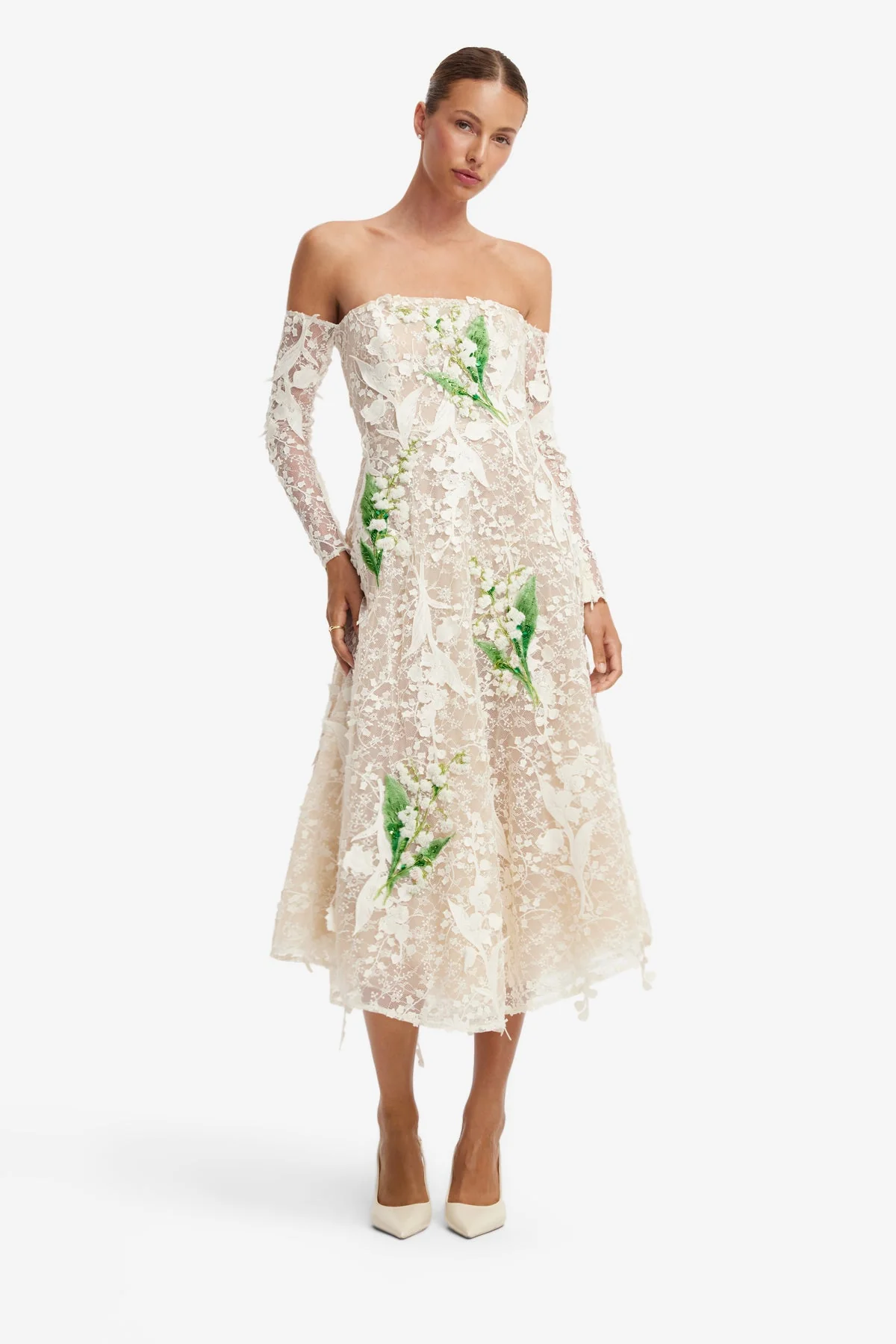 Ana Off-Shoulder Embellished Lace Bustier Midi Dress - Snow Meadow