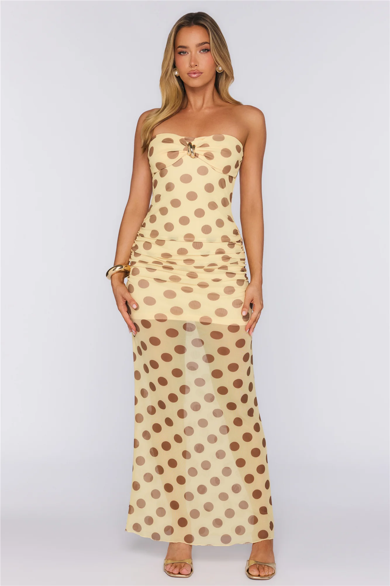 Love After Dark Mesh Polka Dot Strapless Maxi Dress Yellow