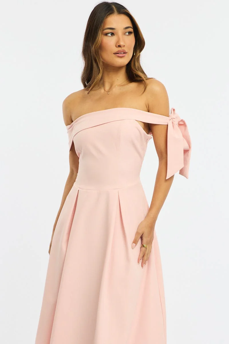 Pink Off Shoulder Midi Dress