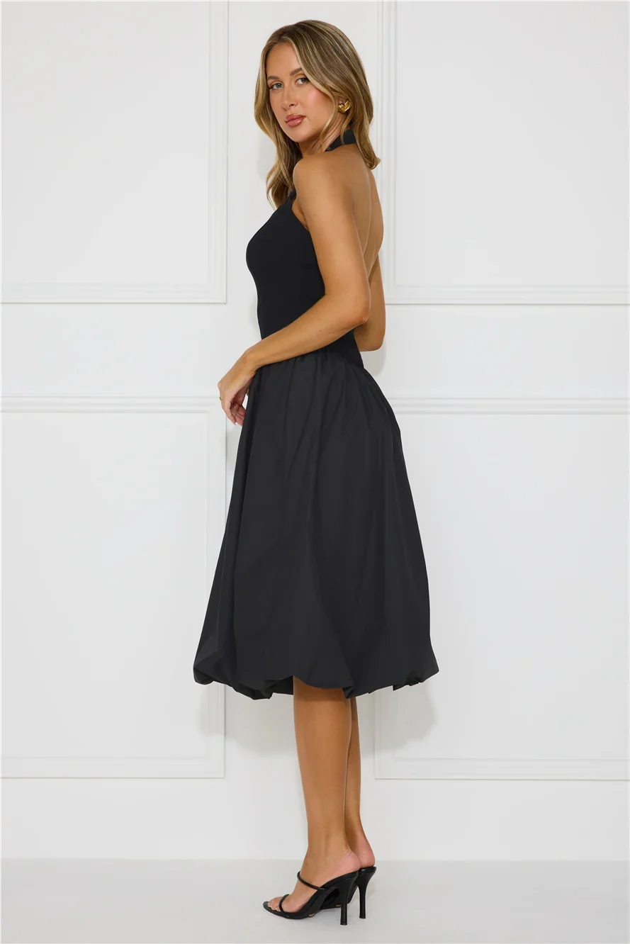Rising Stars Halter Bubble Midi Dress Black