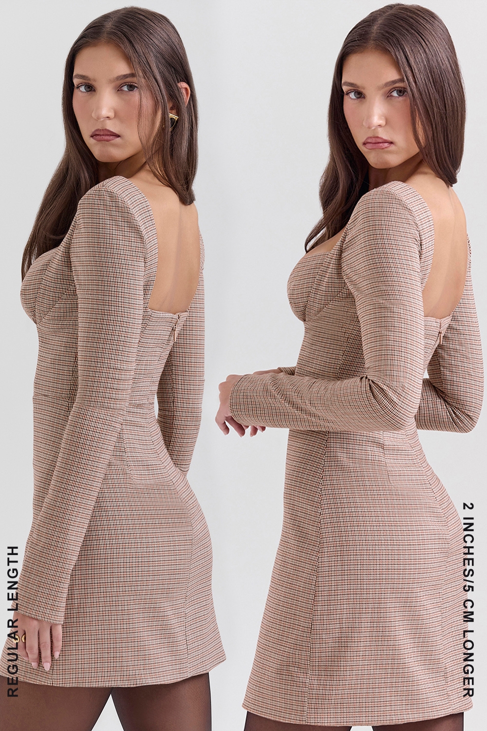 Brown Puppytooth Check Plunge Mini Dress