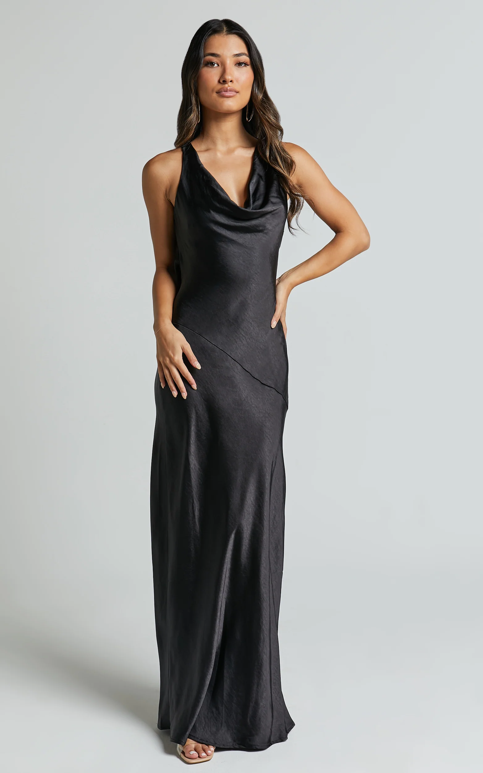Adilah Maxi Dress - Cowl Neck Satin Dress in Black